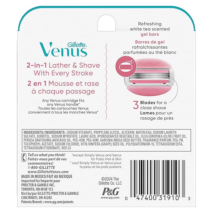Gillette Venus ComfortGlide White Tea Women's Razor Blades,3-Blade Razor Refills,Holiday Gifts for Women,6 Count (Pack of 2)