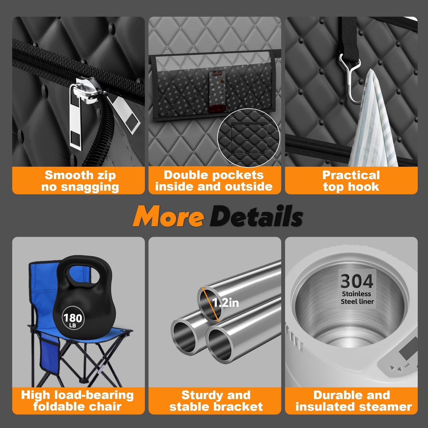 Tehanld 2 Person Portable Steam Sauna for Home, Extra Large Sauna Tent, Upgraded 2 Steamer, 2 Foldable Chair & Remote Control, Black