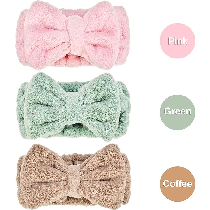 3 Pieces Hair Headband Headband to Wash Face for Women Makeup Spa Headband, Microfiber Bowtie Shower Headband for Women and Girls (Light Pink, Light Green, Light Brown)