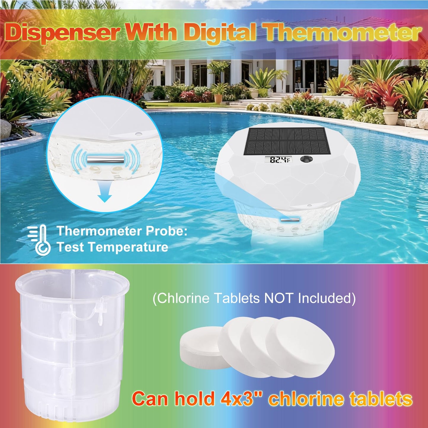Solar Powered Pool Chlorine Floater with Digital Thermometer & LED Light, Floating Chlorine Dispenser for 3” Chlorine Tablets (Tablets Not Included), Pool Thermometer for Inground & Above Ground Pools