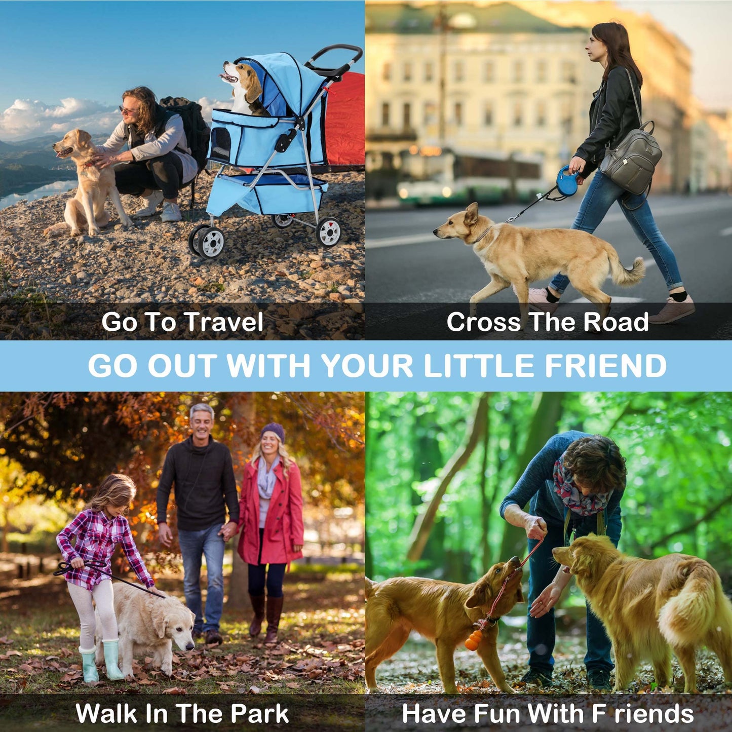 3 Wheels Dog Stroller, Foldable Pet Stroller for Small Medium Dogs, Portable Breathable Cat Stroller Dog Strollers with Storage Basket, Cup Holders, Removable Liner for Travel & Outdoor Use, Blue