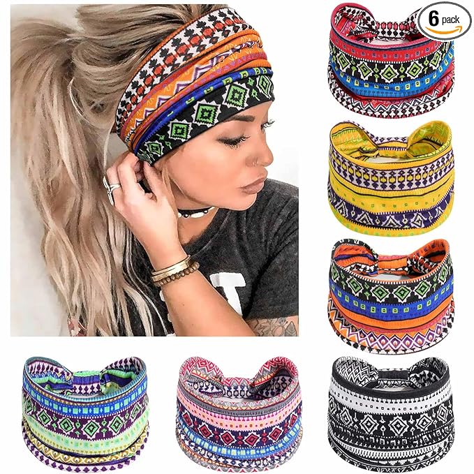 Awumbuk Wide Headbands for Women Knotted No Slip Head Bands Soft Turban Headband Hair Accessories Boho African Solid Color Head Wraps for Women Yoga Workout Pack of 6 (Retro)