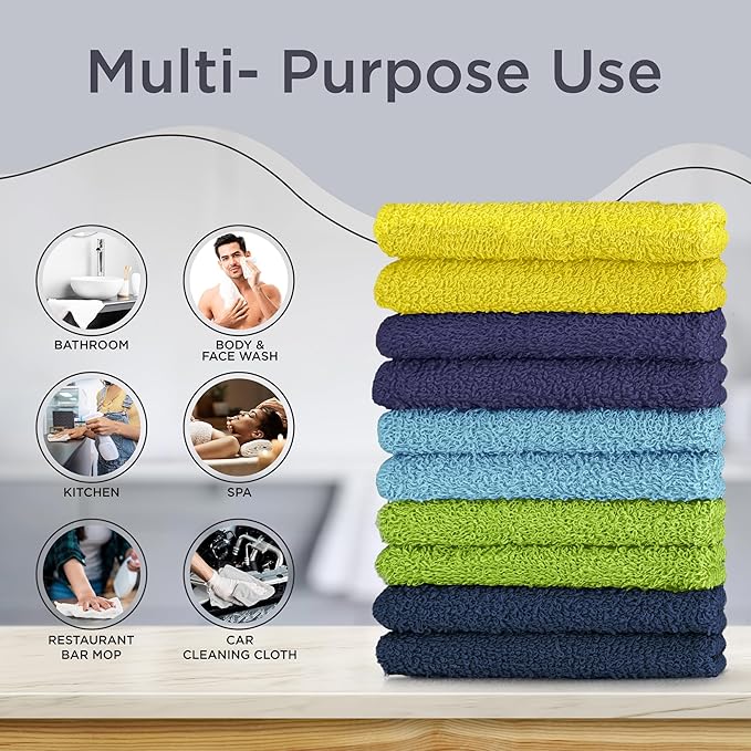 DecorRack 10 Pack 100% Cotton Wash Cloth, Luxurious Soft, 12 x 12 inch Ultra Absorbent, Machine Washable Washcloths, Assorted Set 3 (10 Pack)