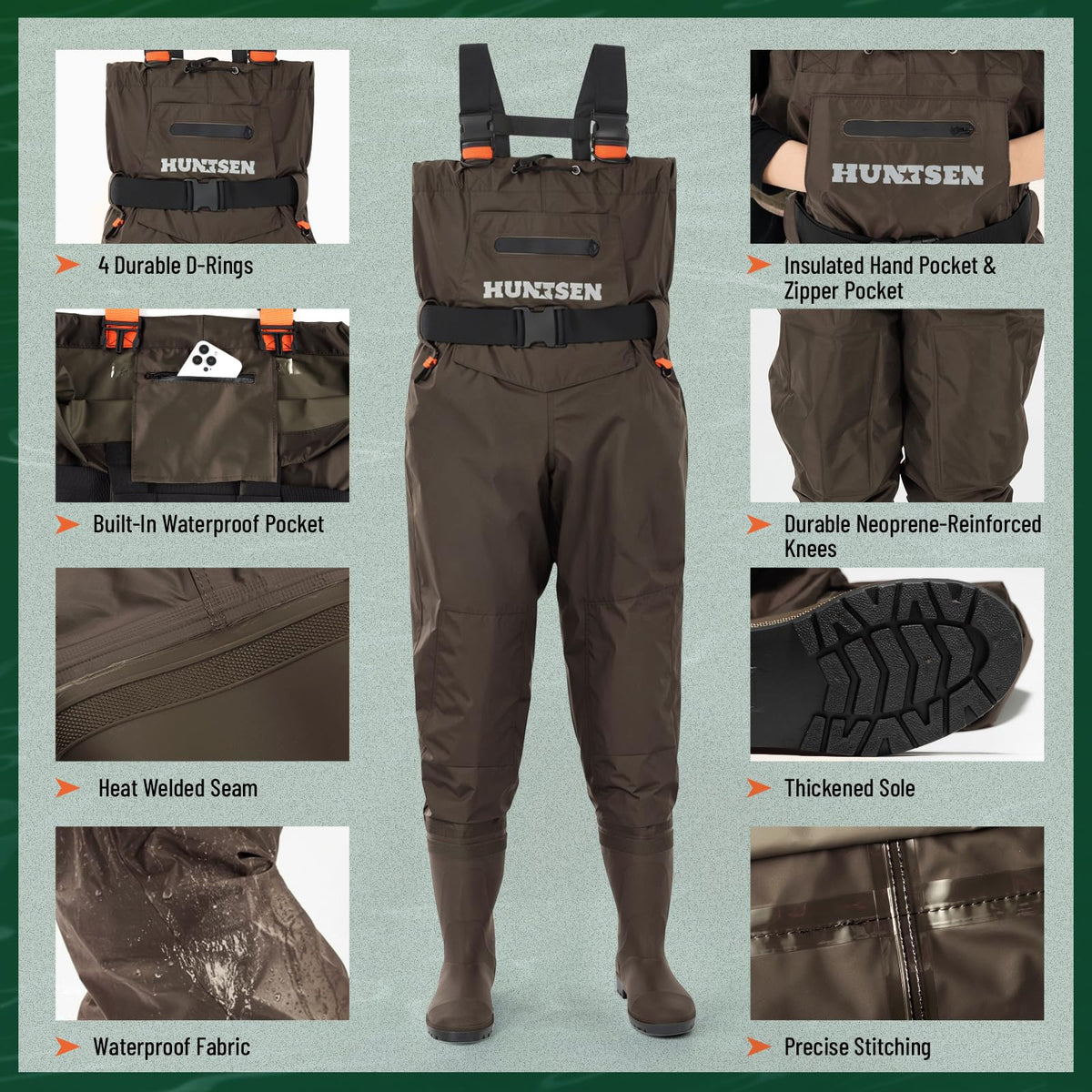 HUNTSEN Fishing Waders for Men Women - 2-Ply Nylon/PVC Waterproof Hunting Chest Waders with Boot Hanger&Phone Case, Size10-12