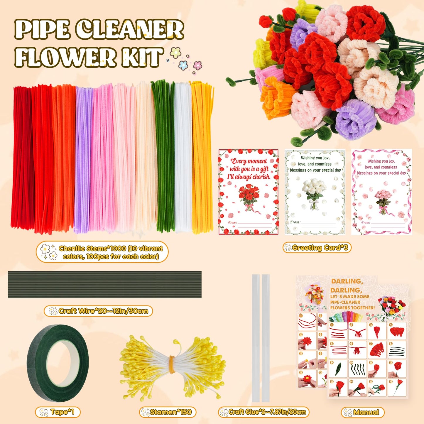 1000PCS Pipe Cleaners Flower Kit, Pipe Cleaner Bulk Craft Flower Making Kit with Instruction, 8 Colors Thick Chenille Stems for Arts DIY Craft Supplies with Greeting Card, Floral Wires, Tape, Stamen