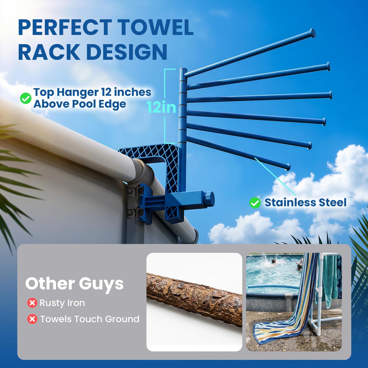 Aquajoyer Poolside Pool Towel Rack Outdoor for Above Ground Round Pools, Stainless Steel Swivel Pool Towel Holder 6 Bars Towel Dying Rack Towel Stand for Above Ground Pool Accessories [Patent Pending]