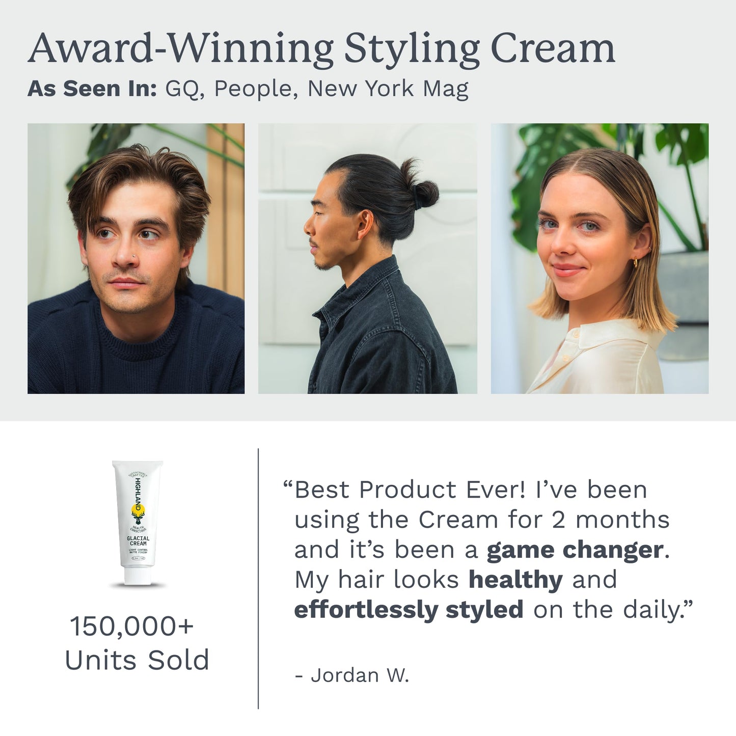 Highland Glacial Cream - Hair Styling Cream- Smooths, Hydrates, De-Frizzes, Texturizes & Defines - Low Hold Matte Finish for All Hair Types - Natural Ingredients that Boost Hair & Scalp Health- 2.5 oz