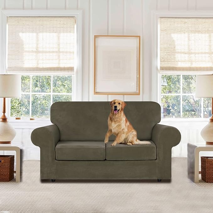 WEERRW Velvet Couch Covers for 2 Cushion Couch Sofa - High Stretch Luxury Velvet Plush 3 Pieces Sofa Slipcovers with Elastic Bottom, Furniture Protector for Pets, Machine Washable, Light Brown, Medium