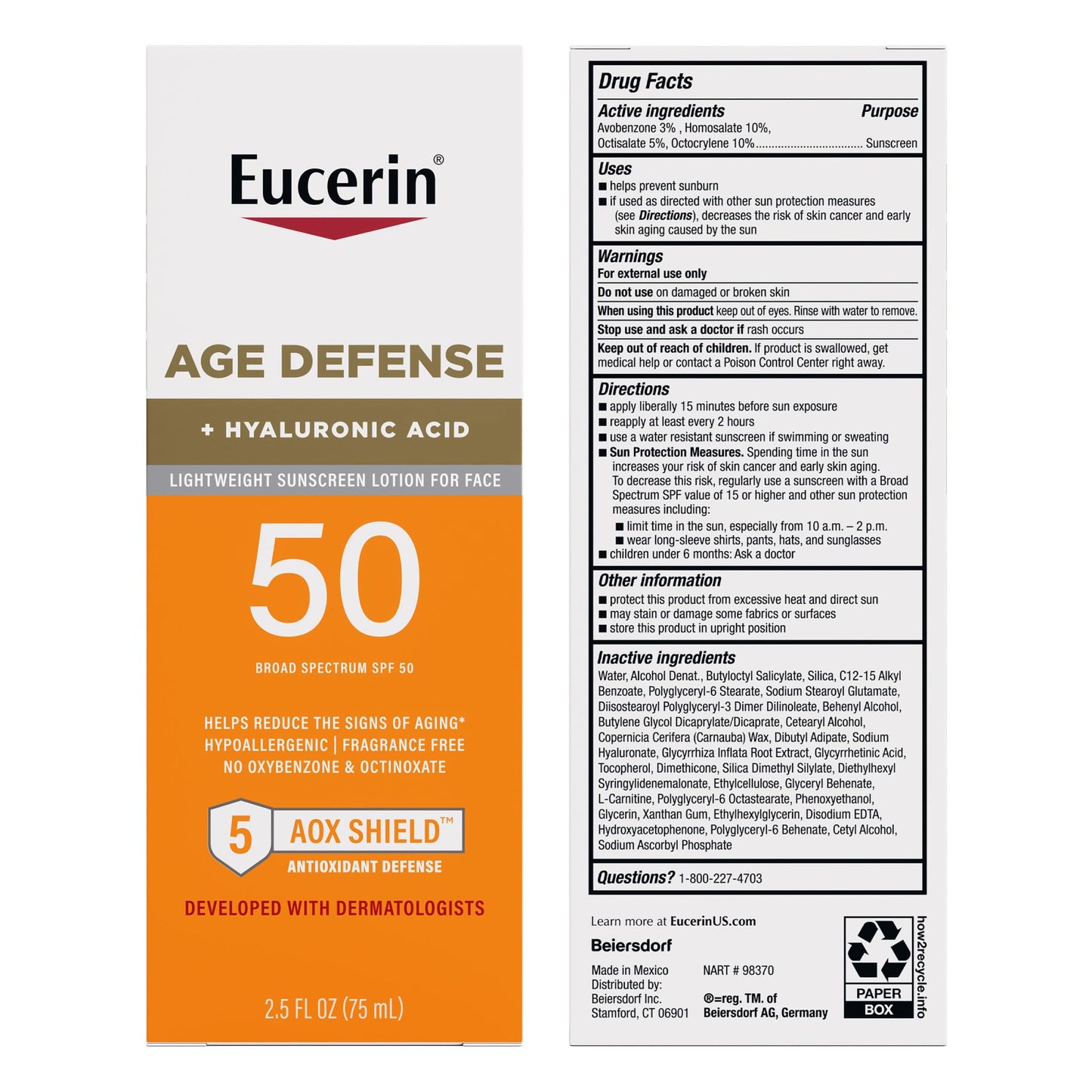 Eucerin Sun Age Defense SPF 50 Face Sunscreen Lotion with Hyaluronic Acid, Hypoallergenic, Non-Comedogenic Sunscreen SPF 50 Free of Fragrance, Oxybenzone and Octinoxate, 2.5 Fl Oz Bottle