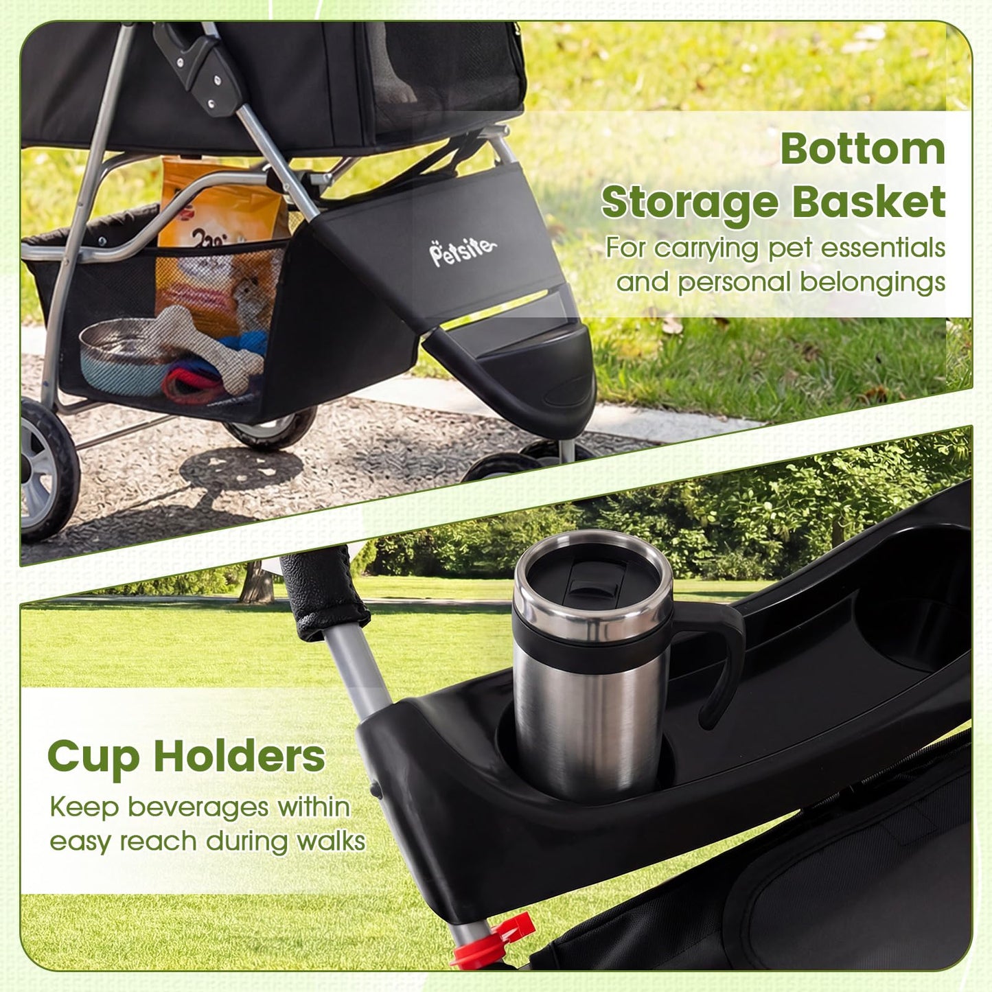 PETSITE 3-Wheel Pet Stroller, Foldable Dog Strollers for Small Dogs with Breathable Mesh, Waterproof Cover, All-Terrain Wheels, Cup Holder, and Storage Basket, Ideal for Dogs Cats up to 33 lbs (Black)