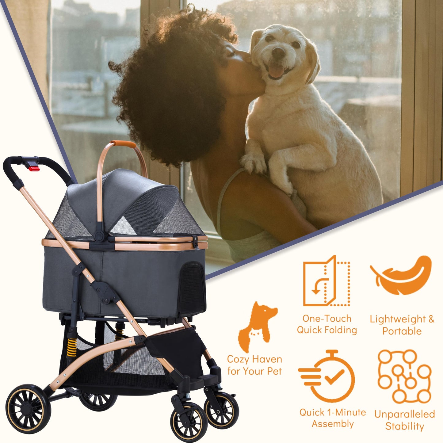 GdnWings Pet Stroller for Small Dogs, Lightweight Small Dog Stroller for Dogs Cats with 6 Shock Absorption System, Detachable Carrier Suitable for Car Seat & Hand Carry, Safe Outings, Gray