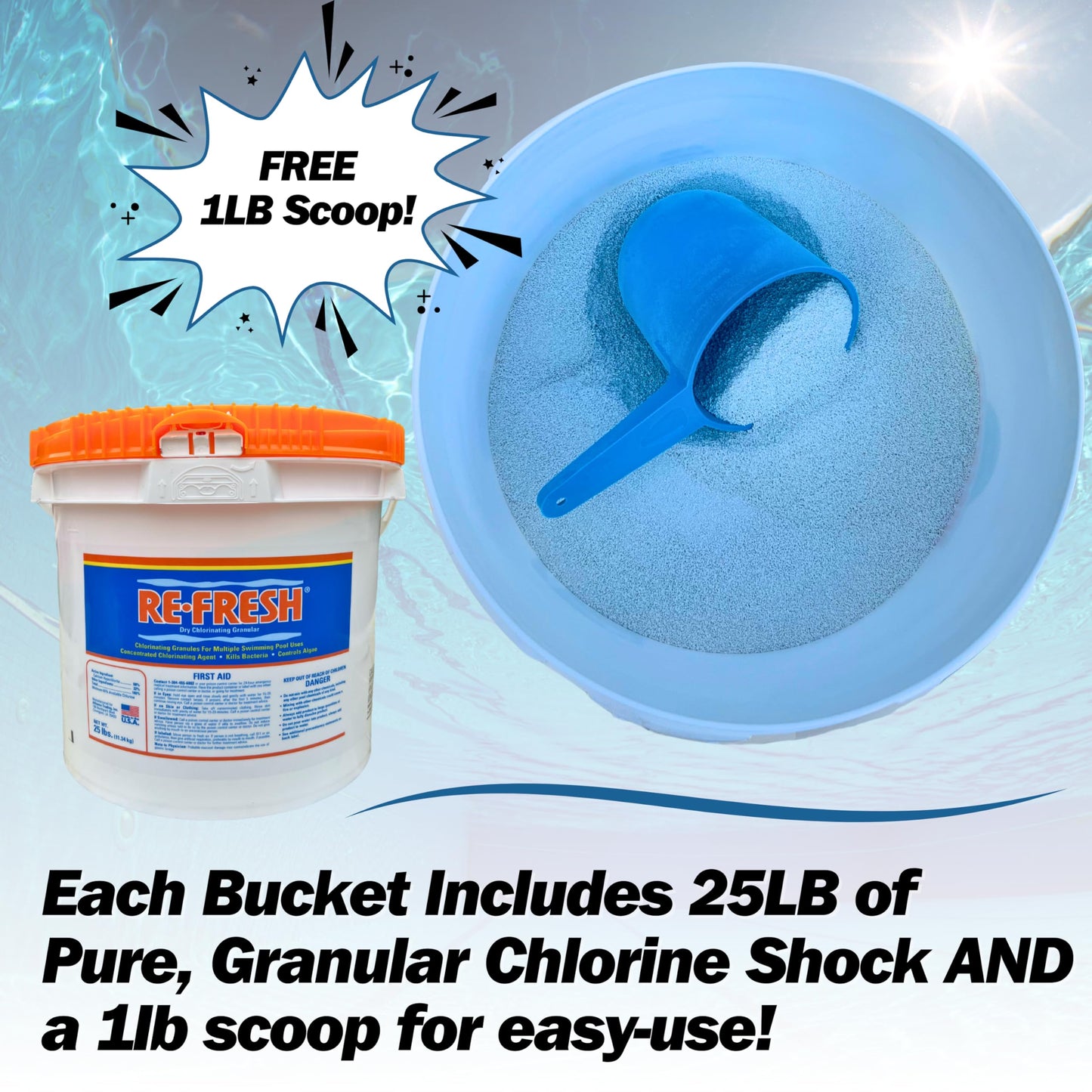 Refresh Granular 68% Active Chlorine Shock | 25-Pound Bucket | Perfect for Swimming Pools, Use As Bactericide, Algaecide, and Disinfectant in Swimming Pools and Spas | Fast Dissolving Shock