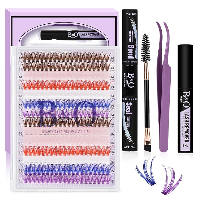 B&Q 280PCS Colored & Rainbow False Eyelashes Kit, 6 Vibrant Colors DIY Volume Lashes, Includes Lash Glue & Remover, Professional Cluster Lashes for Party, Stage, Cosplay, Festival Makeup