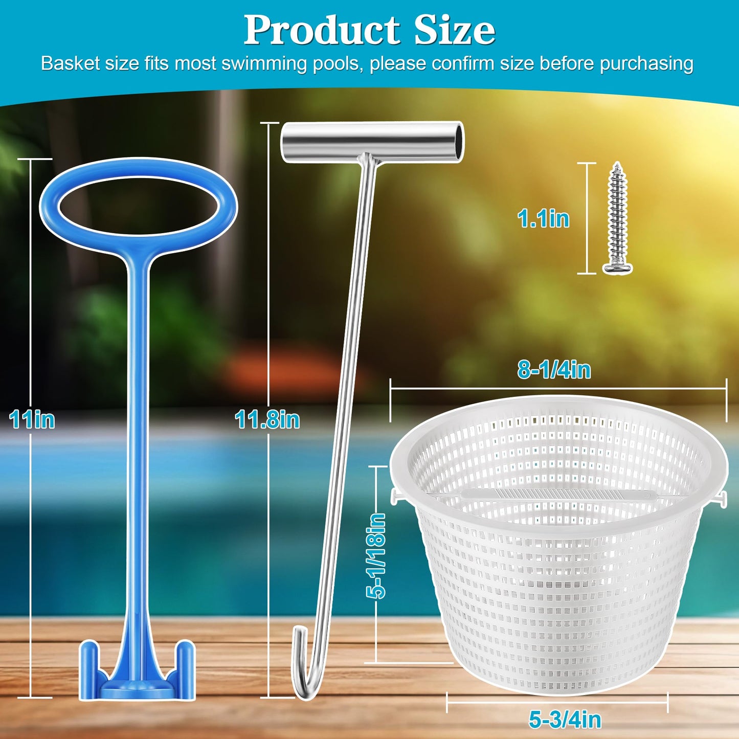 2 Set 8" Pool Skimmer Basket for Inground Pool with 2 Skimmer Baskets Handle and 1 Stainless Steel Hook, White Universal Pools Filter Basket Skimmers for Debris Removal, Keep Hands Clean