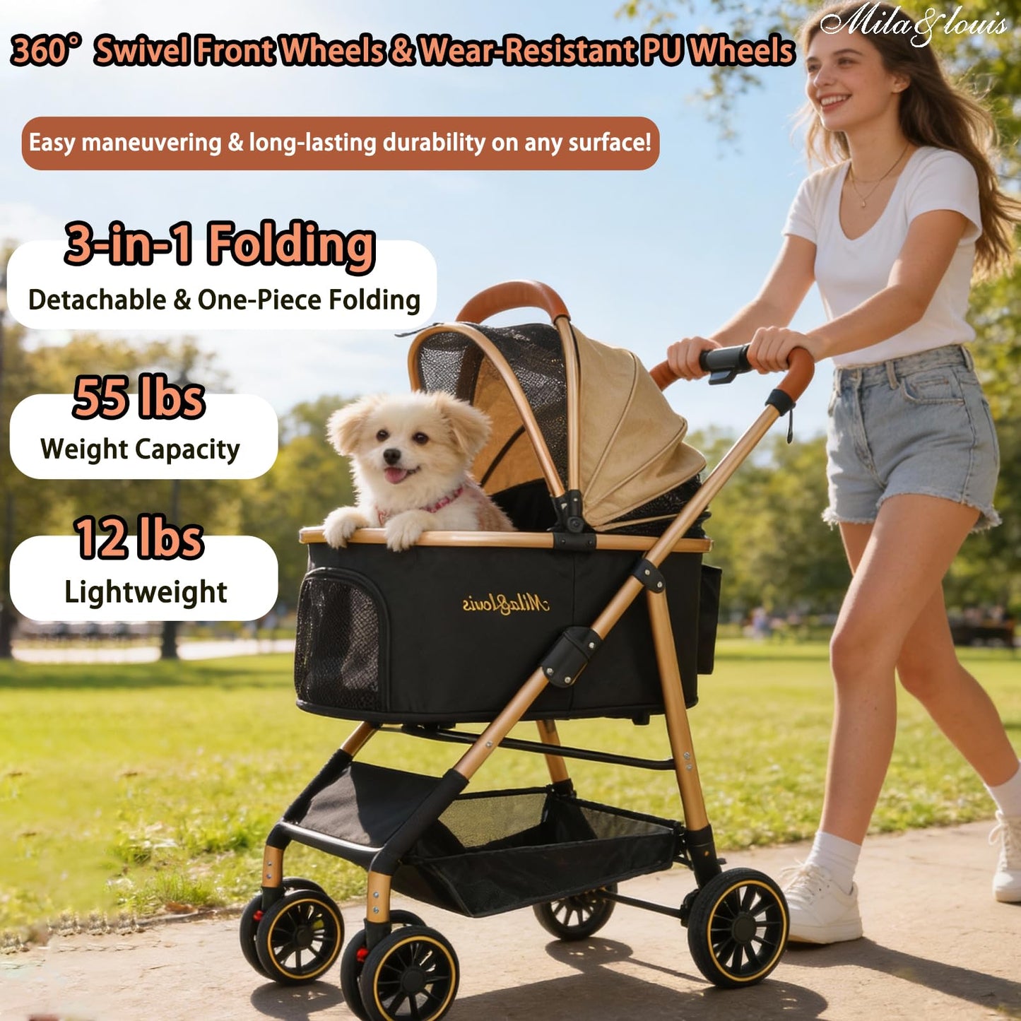 MILA&LOUIS Dog Stroller, 24" Pet Cradle, Lightweight & Stylish Pet Stroller for Small and Medium Pets, 33 Lbs Capacity with Cup Holder, Hook, Detachable Aluminum Cradle (Khaki)