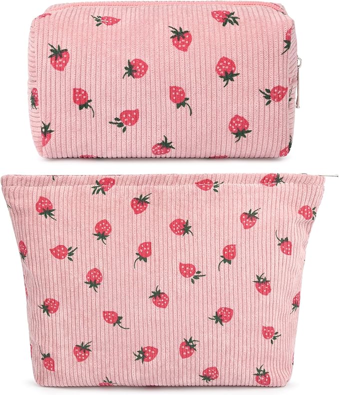 SOIDRAM 2 Pcs Makeup Bag Large Cosmetic Bag Toiletry Bag Makeup Pouch Travel Bag Organizer Cute Makeup Brushes Aesthetic Accessories Storage Bag for Women Pink Strawberry