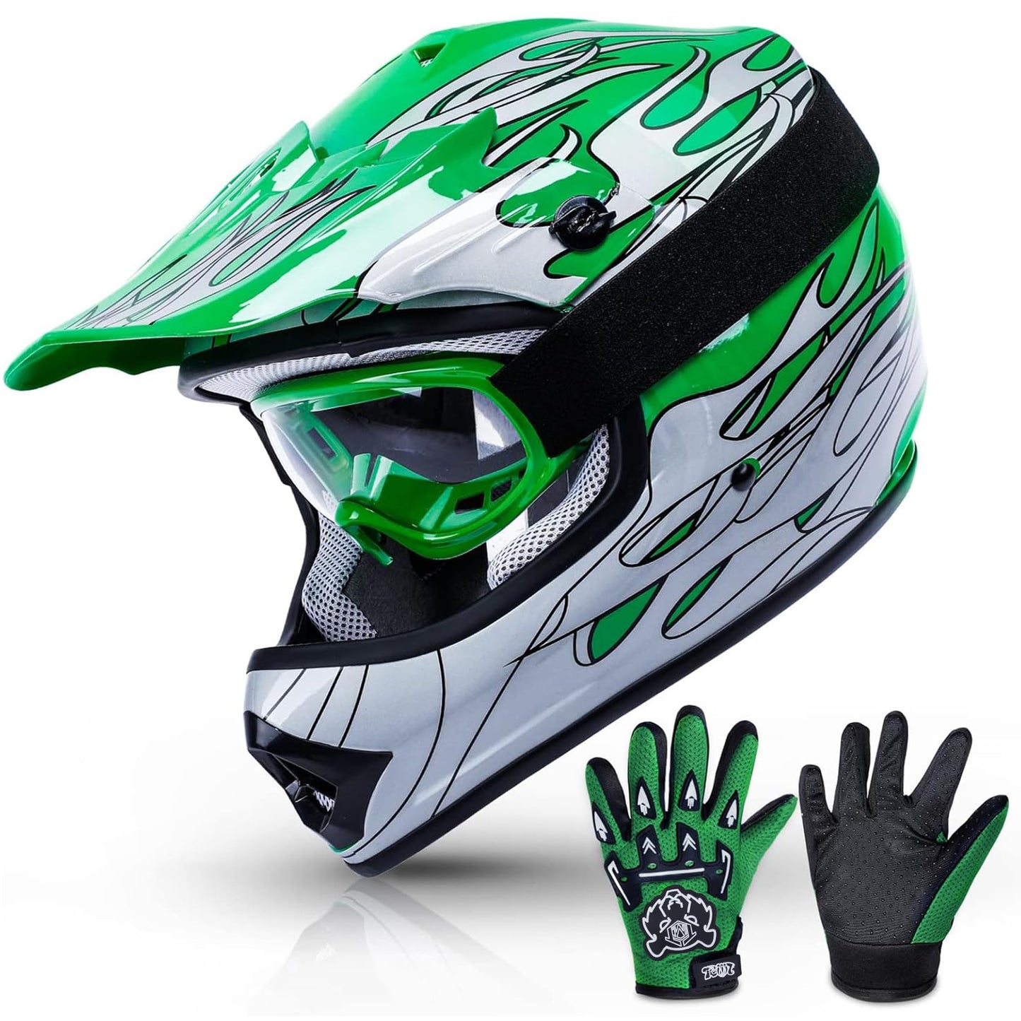 TCMT Youth Dirt Bike Helmet DOT Certified - Kids Full Face Motocross ATV Helmet with Goggles, Gloves and Helmet Bag for Off-Road, BMX, MX, Street Riding