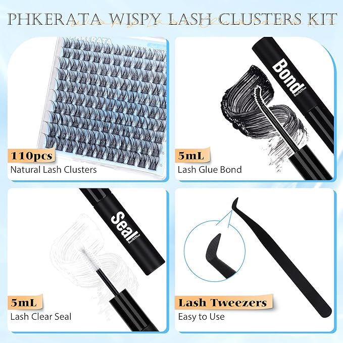 PHKERATA Natural Lash Clusters Kit Wispy Lash Extension Kit Cluster Eyelash Extensions Kit 110pcs DIY Eyelash Clusters at Home Individual Lashes with Lash Glue Bond and Seal and Tweezers, 10-16mm