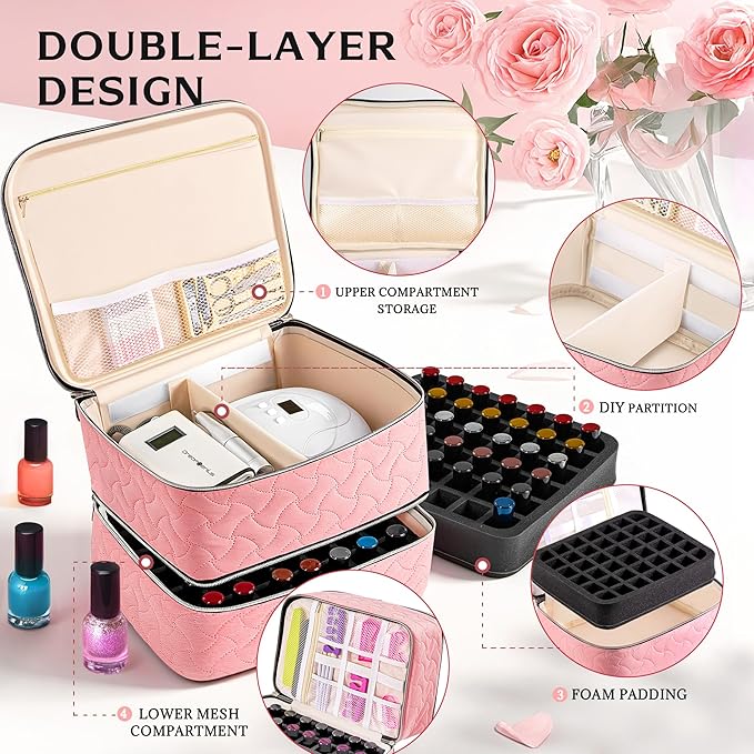 DreamGenius Nail Polish Organizer Case Holds 42 Bottles, Portable Double-Layer Nail Polish Storage Bag with Adjustable Dividers for Manicure Tools, Pink