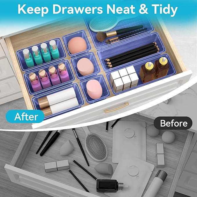 12 PCS Drawer Organizer Set, 4 Sizes Tool Storage Trays, Clear Plastic Makeup Vanity Organizer and Storage Bins for Stationeries, Multiple Gadgets for Office, Bedroom, Navy Blue
