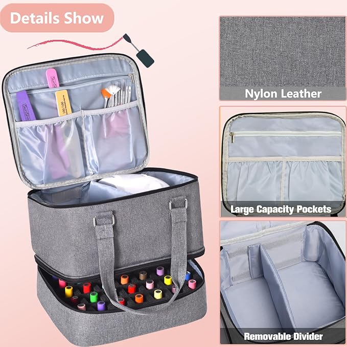 Nail Polish Organizer Case - Holds 42+ Bottles (15ml/0.5 fl.oz) and 1 Nail Lamp, Upgraded Double-layer Nail Polish Carrying Case Nail Polish Storage Bag with Handles (Grey)