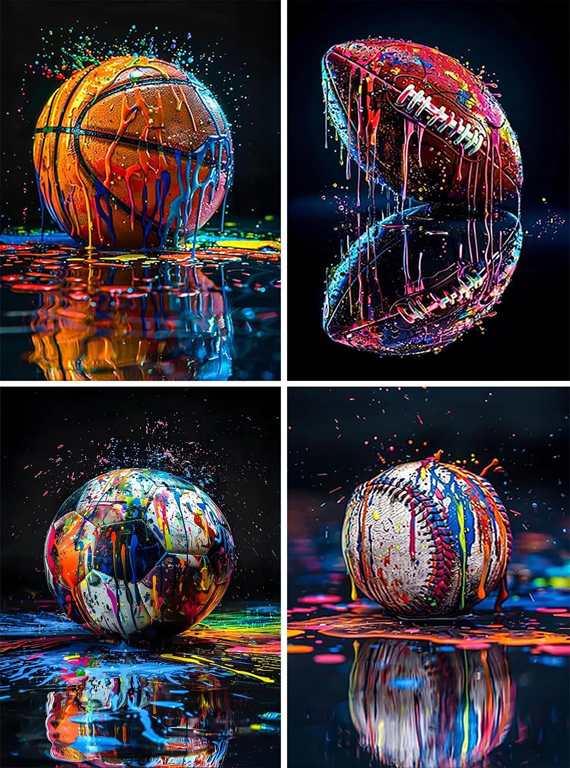 4 Pack ball games Diamond Art Kits for Adults, 5D DIY graffiti style Diamond Painting Kits for Beginner, Diamond Dots Full Drill Crafts for Gem Art for Adults Home Wall Decor for Boys Girls 12x16 inch