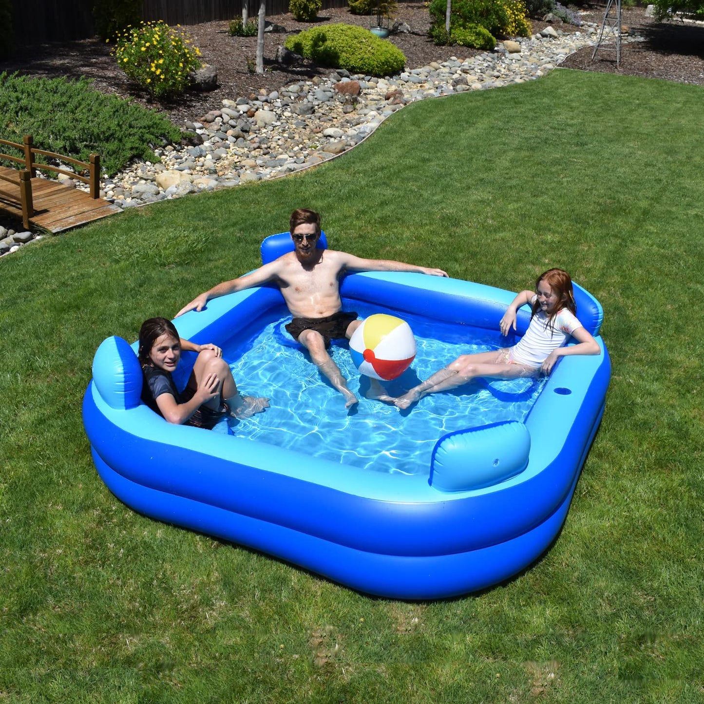 Inflatable Pool w/Seats & Headrests, 8ft x 8ft, Comes with Electric Pump and Ground Tarp Included - Fast Setup and Reinforced Seams