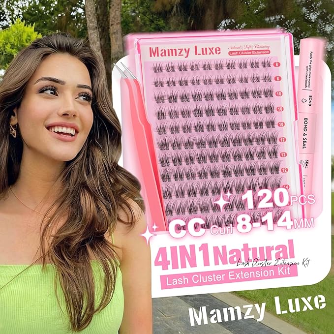 Natural Lash Clusters Kit Short Wispy Eyelash Clusters 8-14MM Clear Band Cluster Lashes Extensions Kit 120Pcs CC-Curly Daily Exquisite Eyelashes Clusters with Bond and Seal and Tweezers