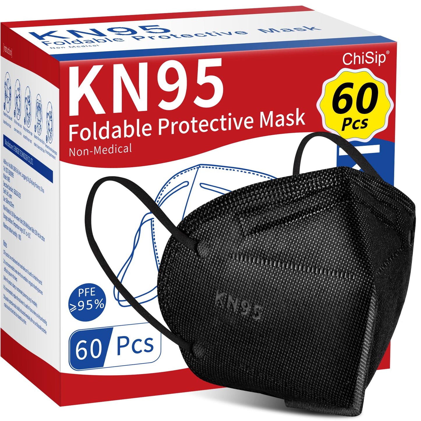 ChiSip KN95 Face Mask 60 Pcs, 5 Layer Cup Dust Safety Masks, Breathable Protection Masks Against PM2.5 Dust for Men, Women Black