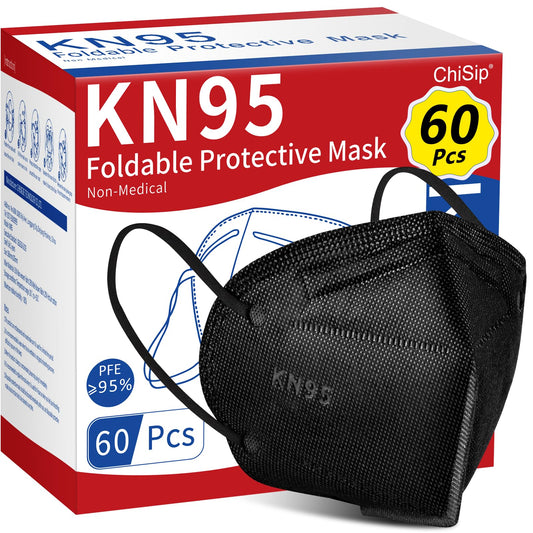 ChiSip KN95 Face Mask 60 Pcs, 5 Layer Cup Dust Safety Masks, Breathable Protection Masks Against PM2.5 Dust for Men, Women Black