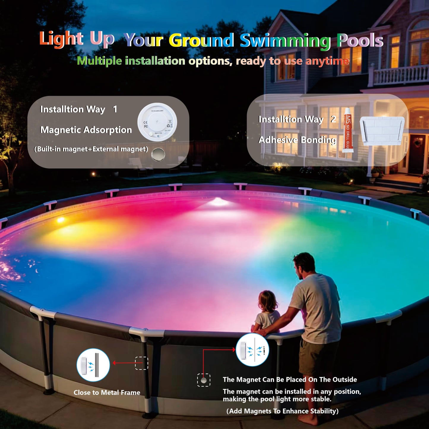 Upgraded Magnetic Pool Lights for Above ground and inground pool, Rechargeable Underwater RGB 16 Colors Submersible LED Lights with Remote & Timer Off, for Hot Tubs, Fountains, Party, Vase - 2 Pack