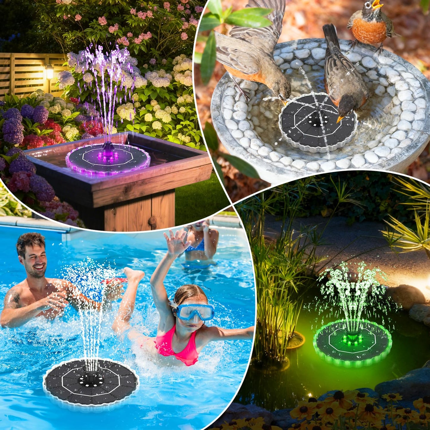 GAIZERL Solar Fountain, 2026 Upgrade 3.5W Solar Bird Bath Fountains with Colorful Ring LED Lights, 2000mAh Battery, 7 Nozzles and 4 Fixers, Solar Water Fountain Pump for Pond, Pool, Patio and Garden