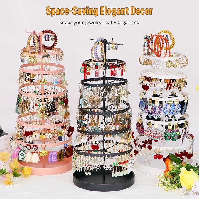 6 Tier Rotating Jewelry Organizer Stand, 230 Holes Earring Holder Organizer for Women Girls, Spinning Earring Tree with Ring Holder, Wide Base for Bracelets Watches Lipstick