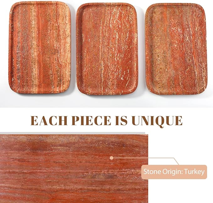 Koville Red Travertine Tray, 12"x8" Natural Stone Vanity Tray for Countertop Bathroom Kitchen Dresser, Decorative Marble Catchall Trays for Perfume Jewelry, Rectangular Serving Tray