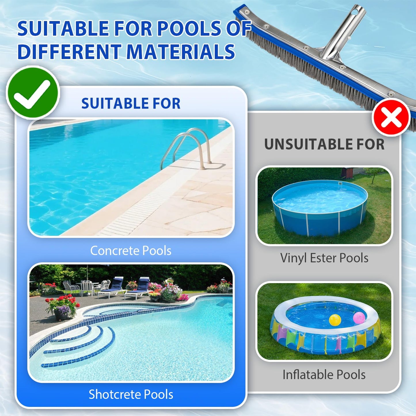 18" Wide Pool Brush Head - Combo Nylon & Stainless Steel Wire Bristles, Heavy Duty Metal Pool Brush for Extra Scrubbing Power, Curved Edge for Cleaning Inground Pool Tiles, Concrete, Walls, Corners