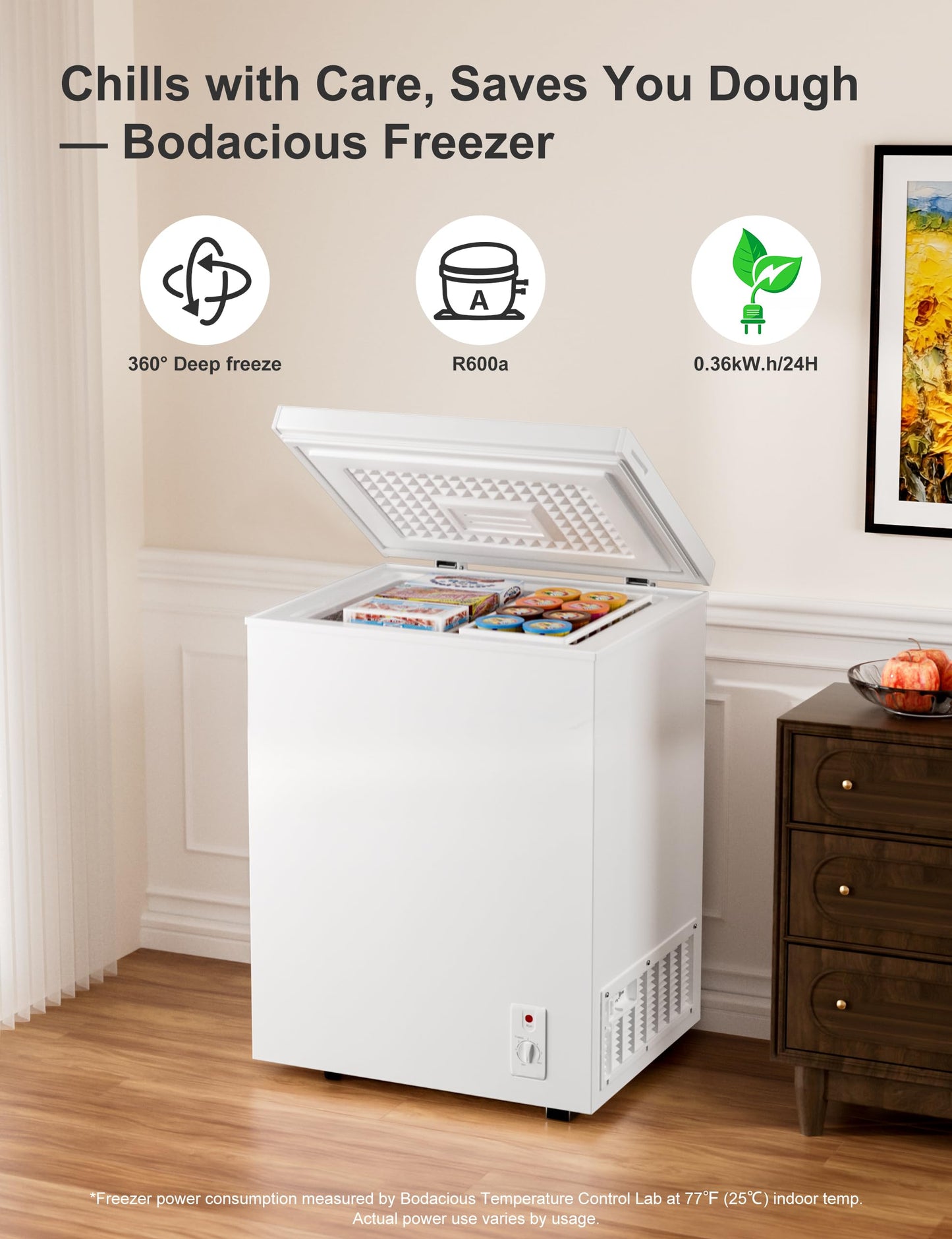3.5 Cu.Ft Compact Chest Freezer Energy Saving & Ultra-Quiet, with Removable Basket, 6-Temp, Manual Defrost Drain, Top Open Door Deep Freezer for Apartment, Dorm, Kitchen, White