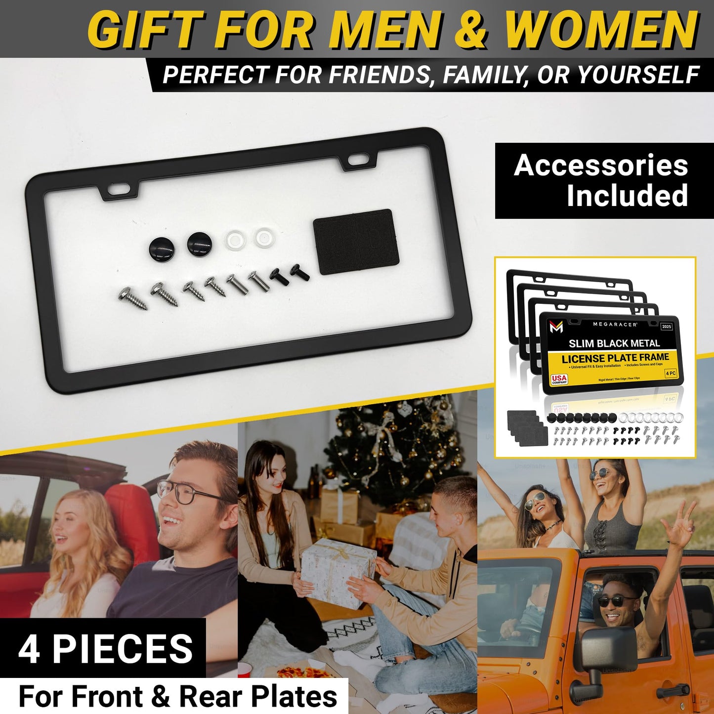 Premium Slim Matte Black License Plate Frames – Best Value 4 Pack, Rust-Free Stainless Steel & Rattle-Free, Street Legal, Universal with Screw Caps, Thin Edged Metal Front & Rear Car Tag Holders