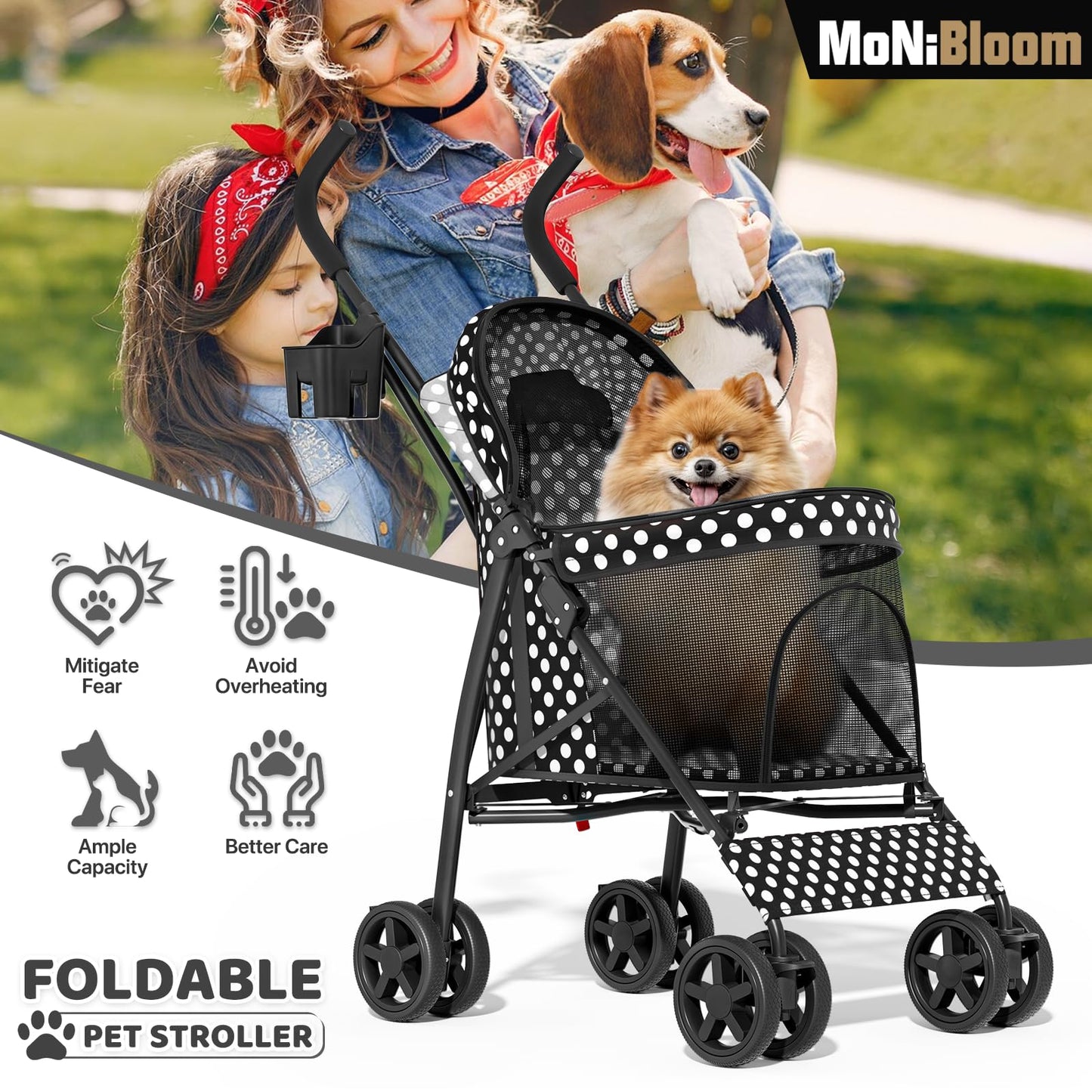 MoNiBloom 4 Wheels Pet Stroller, Easy-Fold Umbrella Shaped Dog Cat Jogger Stroller w/Storage Bag & Visible Mesh for Small/Medium Dogs Cats Black Polka Dots