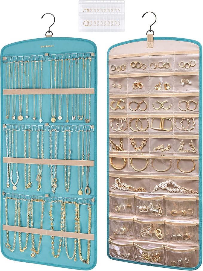 BAGSMART Hanging Jewelry Organizer, Necklace Holder Anti-tangle Earrings Rings Hanger with 20 Jewelry Bags Travel Storage Roll with Pockets Hang on Closet, Wall, Door,1 Piece, Large, Teal