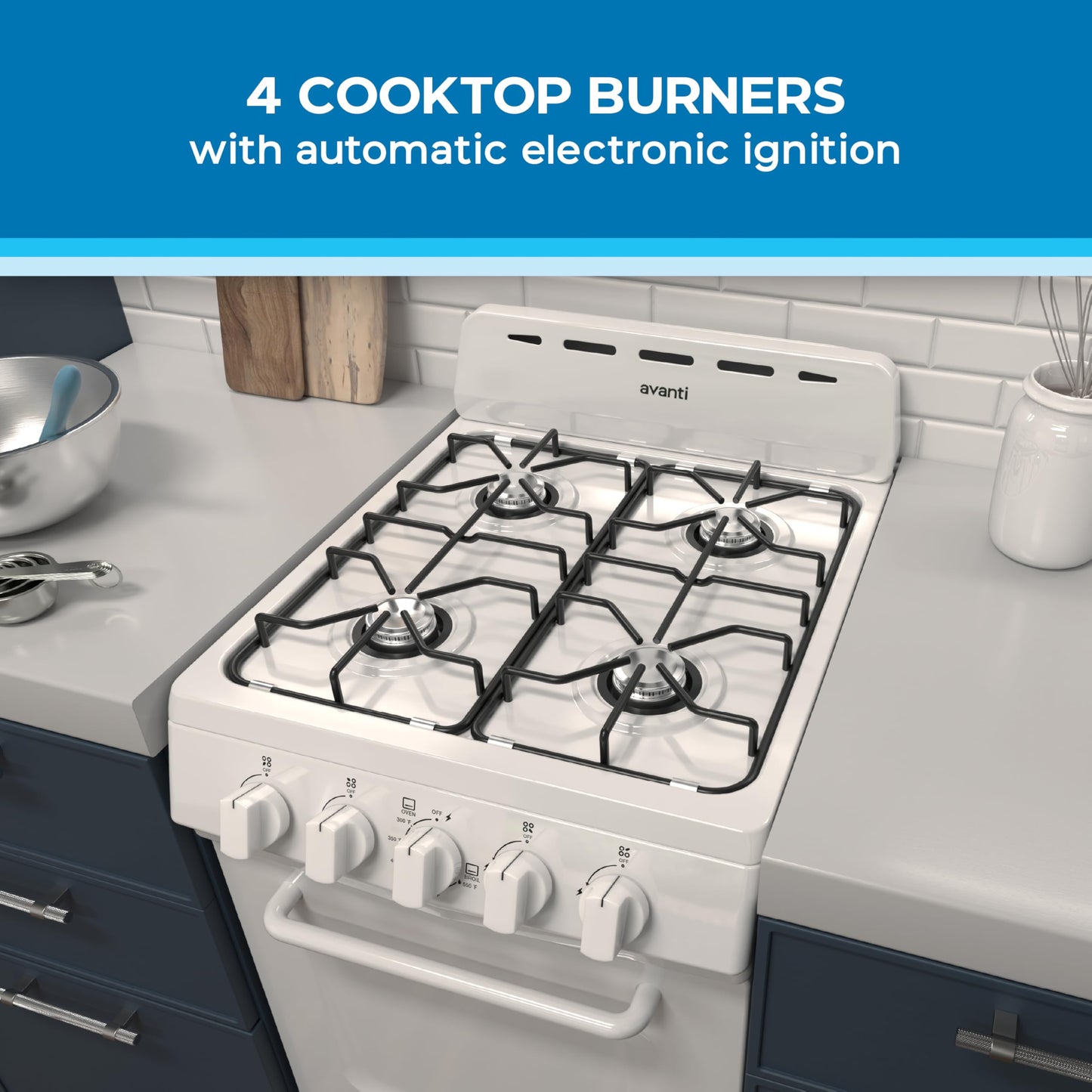 Avanti Gas Range Oven, Compact Freestanding Design, 4 Burners with Electronic Ignition, 2.1 Cu.Ft. Capacity Features Solid Door Storage Drawer Broiler and Accessories, 20-Inch, White