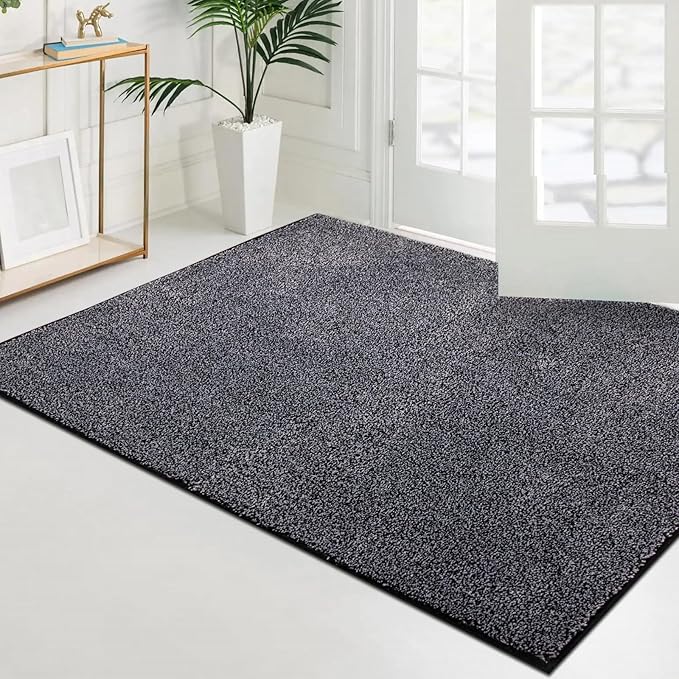 PURRUGS Easy Care Area Rug 4ft x 6ft, Non-Slip Machine Washable Door Mat, Stain Resistant Accent Rug for Entry, Hallway, Bedroom, Living Room and Mudroom, Bluish Grey-Black
