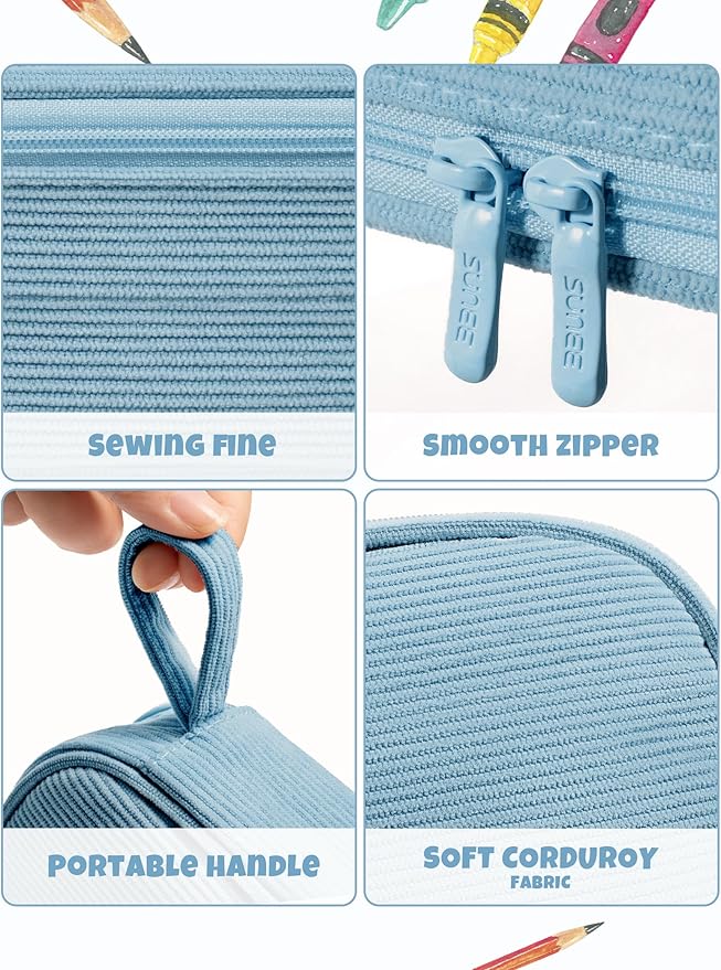 SUNEE Cute Pencil Case, Large Pencil Pouch, Aesthetic Big Pencil Bag with Zipper, Kawaii Stationery Storage and Organizer, School Supplies for Teen and Adult, Boys&Girls, Soft Corduroy Grey Blue