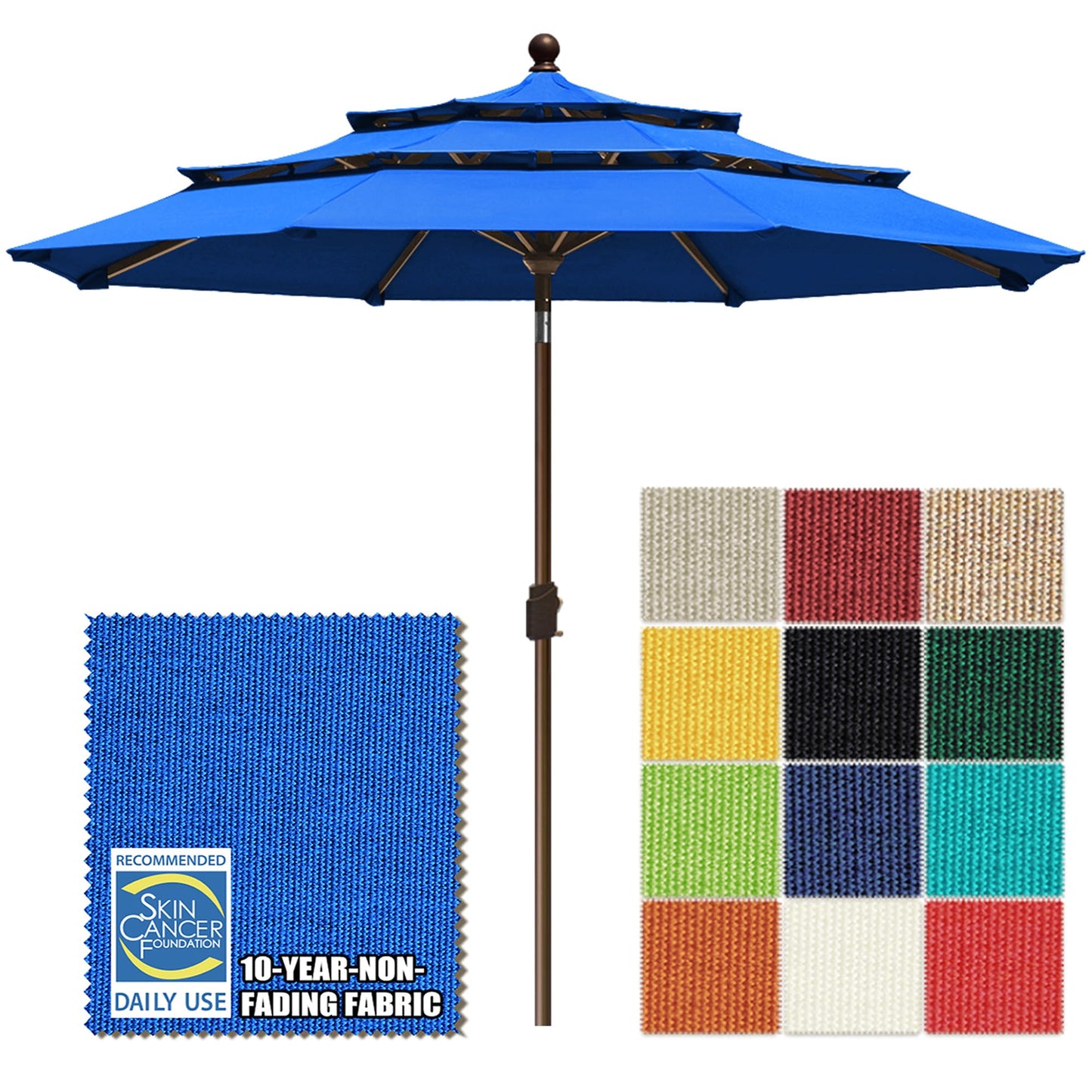 EliteShade USA 10-Year-Non-Fading 10ft 3-Tier Market Patio Umbrella, Commercial Grade Outdoor Table Umbrella with Crank Open, Windproof & UPF 50+ UV Protection, Heavy Duty Ventilation for Garden, Deck, Pool, Backyard, Beach & Bistro, Royal Blue