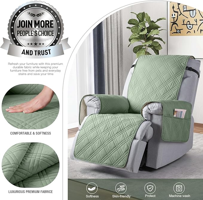 TAOCOCO 100% Waterproof Recliner Chair Covers, Non Slip Recliner Covers for Recliner Chair with Pocket, Washable Reclining Chair Cover Furniture Protector for Kids,Dogs(25'', Sage Green)