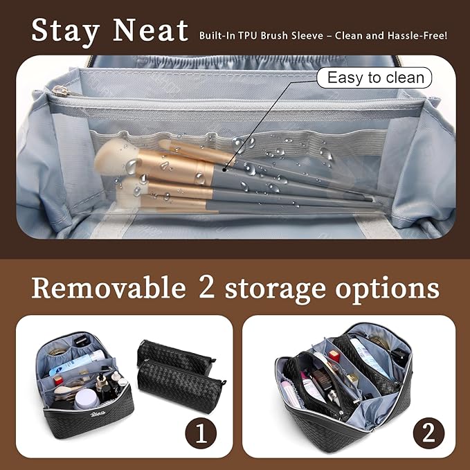 BOYATU Travel Makeup Bag Cosmetic Bags for Women: Large Capacity 3 Pcs Set Make up Bag with Compartments - Waterproof Vegan Leather Toiletry Organizer Bags with Handle (L03 Black)