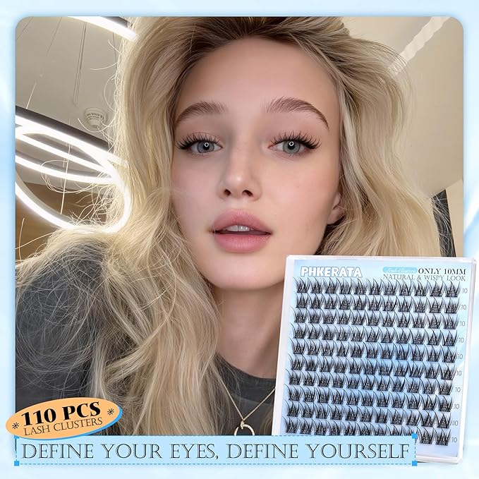 PHKERATA 10mm Natural Eyelash Clusters Wispy Lash Clusters C Curly Cluster Eyelash Extensions DIY Individual Lashes Soft Lash Extension with Thin Band, 110 pcs