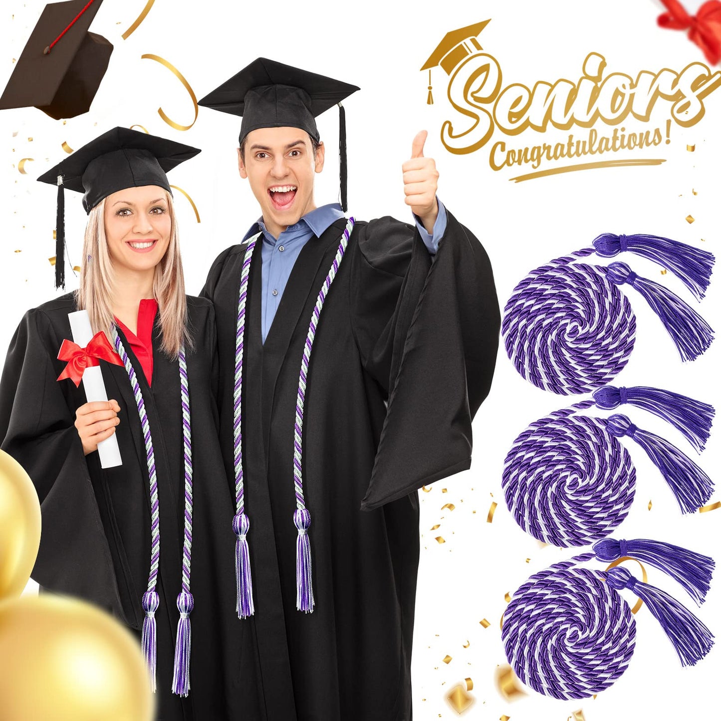 WILLBOND 12pcs Graduation Rope Honor Cord Tassel Set, Graduation Accessories for Ceremony, Graduate Students Souvenir and Gift (Purple, White)