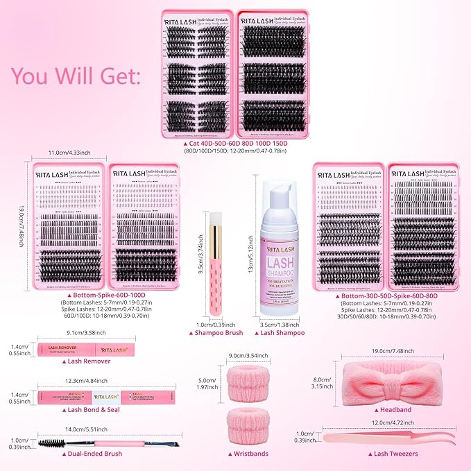 Lash Clusters Kit DIY Lash Extension Kit 3 Boxes Cluster Lashes 1930Pcs Cluster Eyelash Extensions Wispy Eyelash Clusters with Lash Bond&Seal,Gift Packs for Beginners Bulk Pack(12 Counts Lash Kit-1)