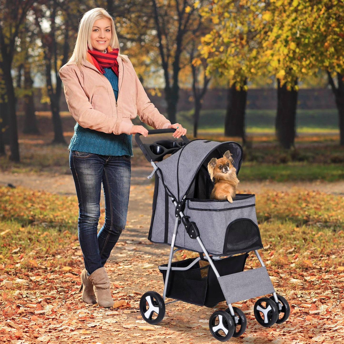 ZENY Foldable Pet Stroller, Cat/Dog Stroller with 4 Wheel, Pet Travel Carrier Strolling Cart with Storage Basket, Cup Holder (Grey)