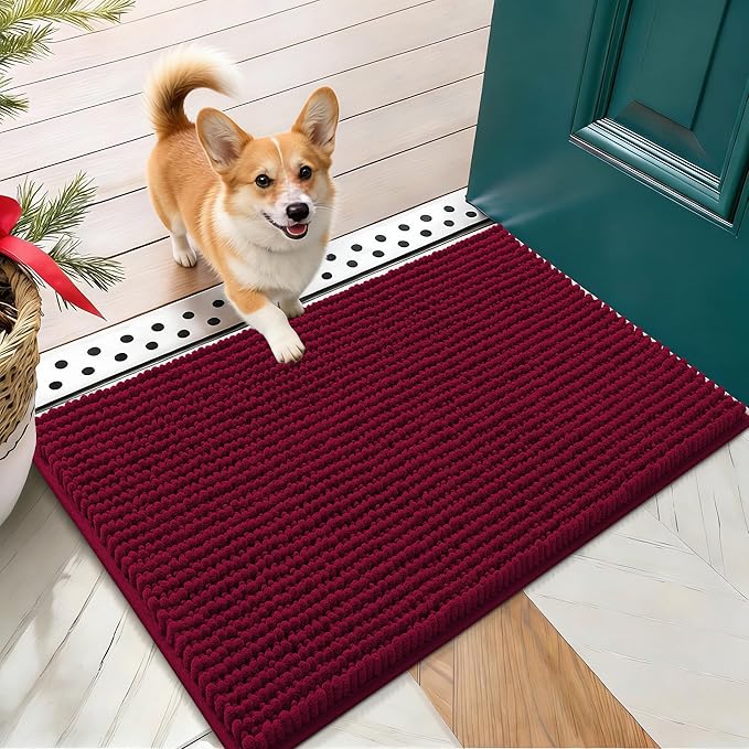 OLANLY Dog Door Mat for Muddy Paws 24x16, Ultra Absorbent Chenille Mud Doormat, Non-Slip Washable and Dirt Trapping Doormat for Indoor Entryway, Quick-Dry Indoor Pet Bed Mats for Dogs, Burgundy